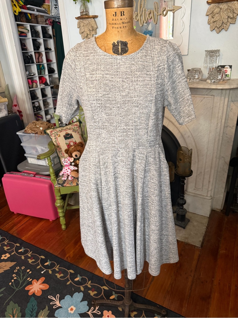 Classic Gray Fit & Flare Midi Dress - Soft Knit Elegance